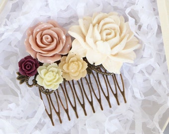 Rustic wedding hair piece, beige wedding comb, peach rose decorative comb, fall wedding hair piece, vintage style wedding combs