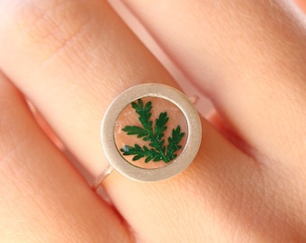 Pressed fern ring, fern resin ring adjustable, real plant ring for women, real flower rings, pressed flower rings green leaf , unique rings