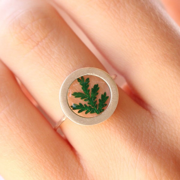 Pressed fern ring, fern resin ring adjustable, real plant ring for women, real flower rings, pressed flower rings green leaf , unique rings