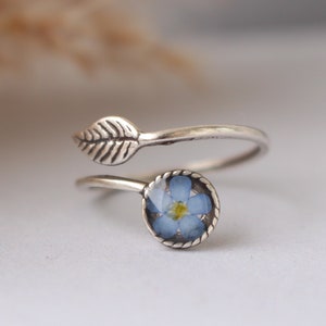 Bague à fleurs pressées avec de vraies fleurs myosotis, bagues uniques pour elle, bague à feuilles réglable avec fleurs bleues, cadeaux arméniens