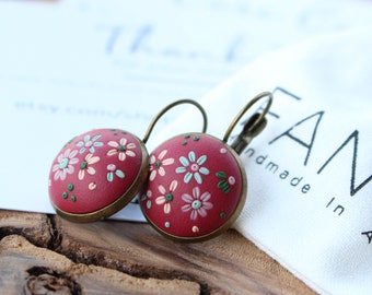Vintage earrings for women, vintage earrings floral, embroidery earrings red, burgundy earrings polymer clay earrings