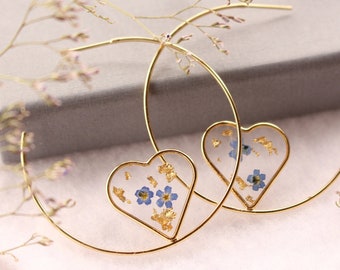 Eye catching earrings, statement earrings gold with real forget me not flowers, pressed flower heart earrings, large earrings