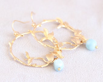 Blue wedding earrings for brides, gold color earring, aquamarine earrings gold, march birthstone earrings gold