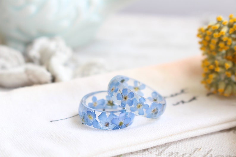 Forget me not ring, real flower ring, unique rings pressed flower jewelry, unique rings for women, girlfriend gift rings from flowers 