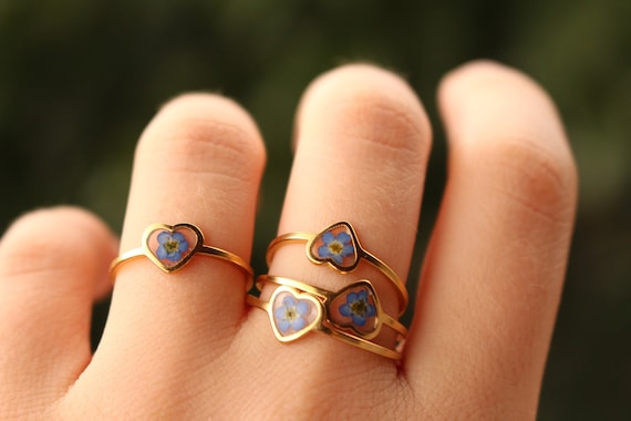 Forget Me Not Ring Heart Simple Heart Ring Tiny Pressed Flower