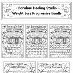 May include: Black and white weight loss tracker bundle with the text "Borahae Healing Studio Weight Loss Progressive Bundle." Each tracker has a weight loss goal, concert theme, and space to track progress. Includes 10, 25, 50, 75, and 100 lbs goals.