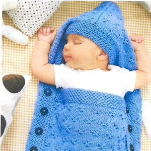 BABY BLUE Snuggly Baby Cocoon/Sleeping Bag/Sleep Sack with Hood PDF Knitting Pattern