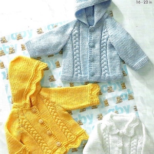 May include: Three knitted baby jackets in blue, yellow, and white with button closures and hoods. The jackets have a cable knit pattern and are sized for 16-22 inches.