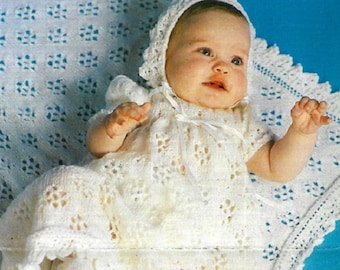 8215 Baby Taufkleid, Mütze, Booties & Schal Strickmuster Sofort Download