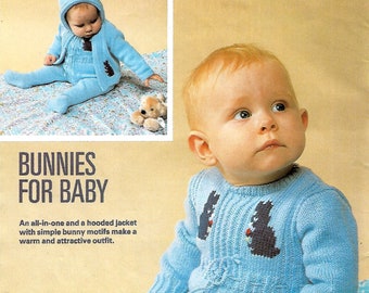 Baby Bunny All in One & Hooded Jacket PDF Instant Download Vintage Knitting Pattern