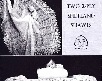 P&B 1085 VINTAGE BABY Shetland Shawls x 2 Original 1940's Collectable 8 Page Knitting Pattern
