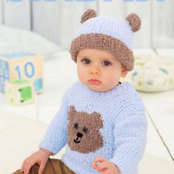 4825 BABY/KIND Teddy Motiv Pullover & Mütze/Süßes Baby Set/Teddybär Outfit Strickmuster PDF Download