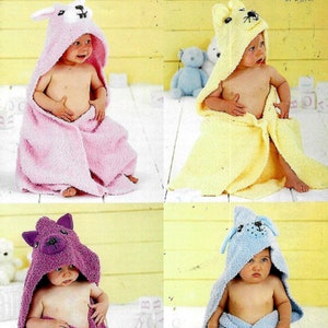May include: Four hooded towels for babies, each with a different animal design. The towels are pink, yellow, purple, and blue.