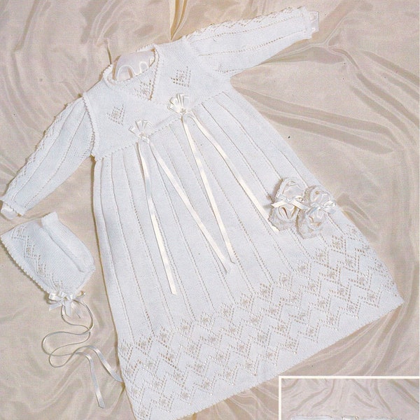 685 BABY'S CHRISTENING Gown, Gilet, Bonnet & Slippers Knitting Pattern PDF Digital Download