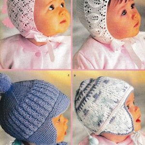 May include: Four baby bonnets in a collage. Two are white, one with a lace pattern and a ribbon tie, the other with a knitted design. The other two are blue and white knitted hats, one with a pom-pom and ear flaps, the other with a tassel.