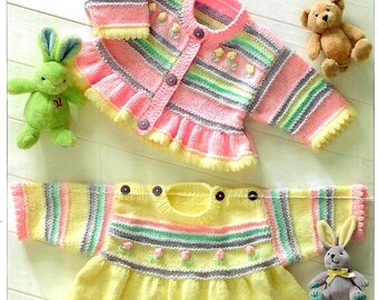 U73 BABY GIRL Set of Pretty Cardigan & Dress/Rainbow Baby Set/ Colourful Babywear Knitting Pattern PDF Download