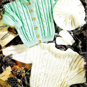 BABY ARAN Style Cute Cardigan Sweater & Hat Knitting Pattern PDF  Download