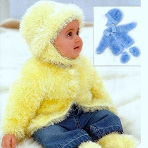 May include: A yellow fuzzy knitted baby hat, jacket, and booties set. The hat has ear flaps and a fold-over brim. The jacket has a button closure. The booties are slipper style.
