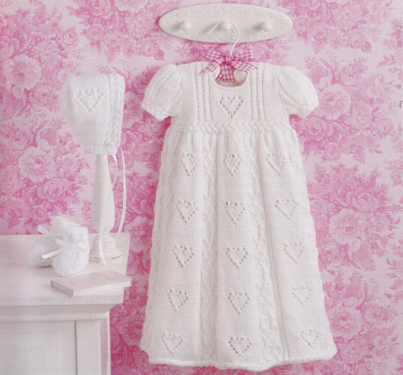 BABY'S Christening/blessing Dress/traditional Heart Gown/classic Baby Dress With Bonnet & Bootees Knitting Pattern PDF Download
