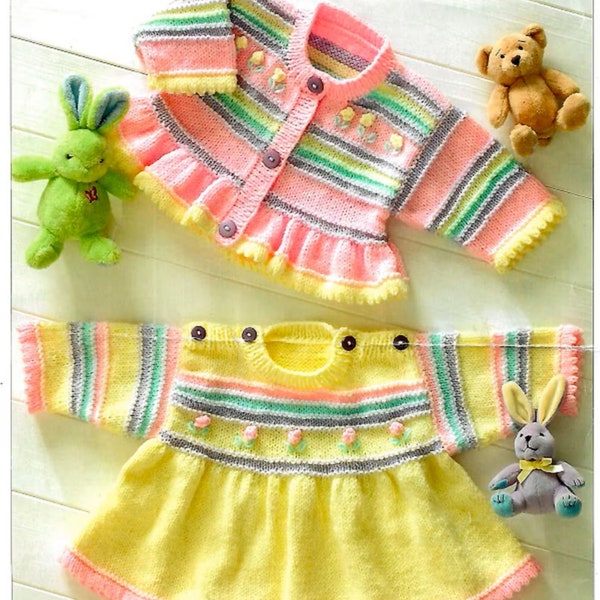 U73 BABY GIRL Set of Pretty Cardigan & Dress/Rainbow Baby Set/ Colourful Babywear Knitting Pattern PDF Download