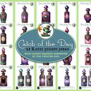 Könnte beinhalten: Ein Set mit 21 digitalen Bildern, die Vintage-Glasflaschen mit aufwendigen Designs und bunten Flüssigkeiten zeigen. Die Flaschen sind mit "Catch of the Day" beschriftet und perfekt zum Basteln und digitalen Scrapbooking.