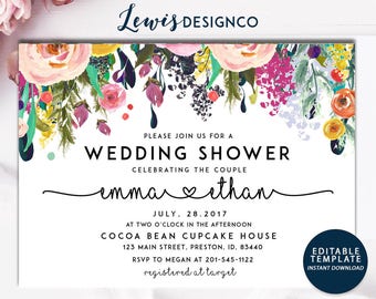 Wedding Shower Invitation | Floral Bridal Shower Card | Couples Shower Invite | Editable Card Print Yourself Instant Download