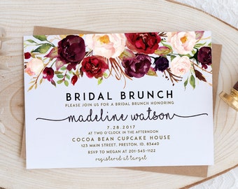 Bridal Brunch Invitation, Fall Bridal Shower Invite, Bridal Luncheon, Wedding Shower, Maroon Floral, Editable Template Card MAR