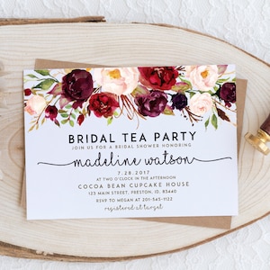 Bruids Tea Party uitnodigen, herfst bruids douche uitnodiging, aquarel rode bloemen bruiloft, bewerkbare sjabloon afdrukbare kaart Instant Download MAR