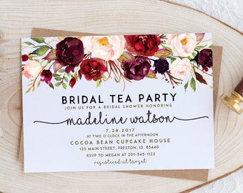 Bridal Tea Party Invite, Fall Bridal Shower Invitation, Watercolor Red Floral Wedding, Editable Template Printable Card Instant Download MAR