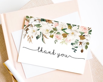 Spring Floral Thank You Card, Bridal Shower Thank You, Folded A2 Card, Printable PDF File Instant Download Watercolor Blush Greenery LDC-MAG