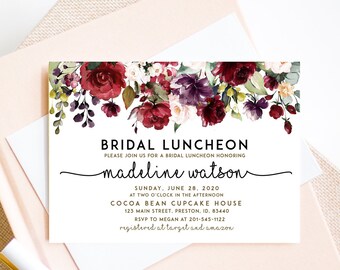 Fall Bridal Luncheon Invitation, Rose Floral Bridal Shower Invite, Editable Instant Download Card, Red Purple Green White Wedding, LDC-RED