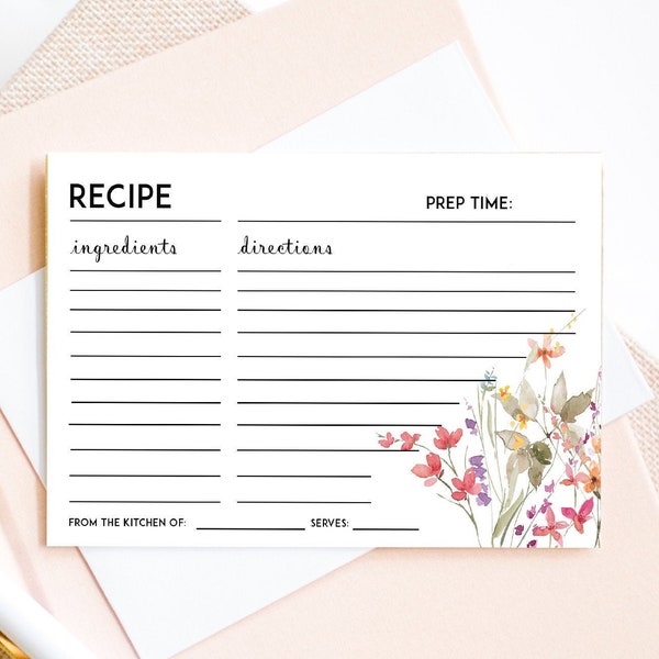 Wildflower Recipe Card, Bridal Shower Invitation Insert, Printable File Greenery, pdf jpg, Floral Bride Invite, Watercolor Flower LDC-WIL