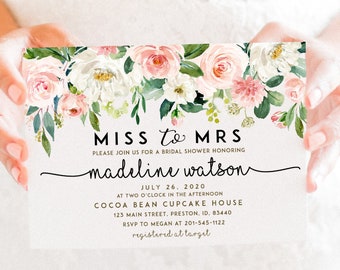 May include: A floral bridal shower invitation with pink and white flowers. The invitation reads "MISS to MRS" and "Please join us for a bridal shower honoring madeline watson" with the date, time, location, and RSVP information.