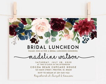 Bridal Luncheon Invitation, Fall Floral Bridal Shower Invite, Wedding Luncheon Editable Template Burgundy Navy, Bridal Brunch Invite LDC-BUR