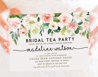 Bridal Tea Party Invitation, Blush Greenery Bridal Shower Invitation, Bridal Shower Invite, Editable Template Instant Download, Boho Wedding