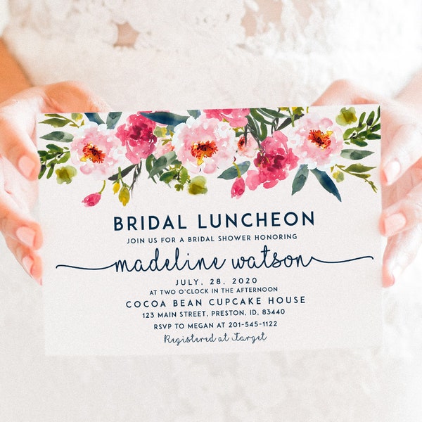 Bridal Luncheon Invitation, Floral Bridal Shower Invite, Wedding Luncheon, Editable Template, Pink Floral Invitation, Bridal Brunch, LDC-PEO