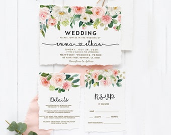 Blush Wedding Invitation, Rustic Wedding Invitation Suite, Details RSVP Card, Printable Invitation, Instant Download, Edit Yourself LDC-BLU