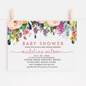 Invitation rose de douche de bébé fille, invitation de douche de bébé de fille, modèle de douche de bébé, carte florale de douche de bébé d&#39;aquarelle Téléchargement instantané LDC-SUB