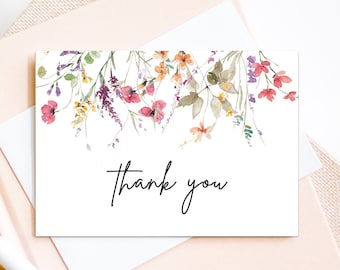 Wildflower Floral Thank You Card, Bridal Baby Shower Thank You, Folded A2 Card, Printable PDF File Instant Download Blush Greenery LDC-WIL