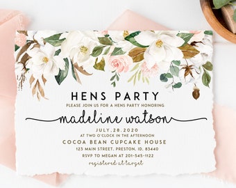 Hens Party Invitation, Bridal Shower Invitation,  Magnolia Bridal Shower Invite, Editable Instant Download Card, Greenery Blush Wedding, MAG