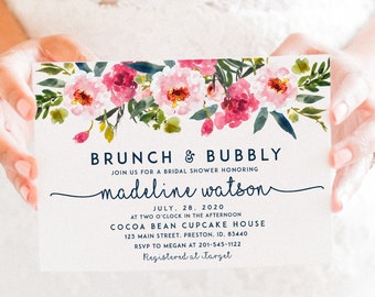 Brunch and Bubbly Invitation, Bridal Shower Invite, Watercolor Floral Card, Instant Download diy, Champagne Party Printable pdf, LDC-PEO