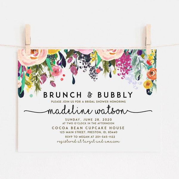 Brunch and Bubbly Invitation, Bridal Shower Invitation Template, Bridal Brunch, Instant Download, Floral Card Invite, Printable File LDC-SUB