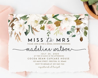 Blush Bridal Shower Invitation, Miss to Mrs Invitation, Magnolia Bridal Shower Invite, Editable Instant Download Card, Greenery, LDC- MAG