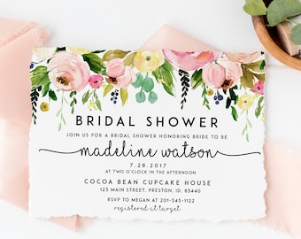 Bridal Shower Invitation, Watercolor Floral Bridal shower Invite, Instant Download DIY Printable Editable Template, Summer Wedding, LDC-PLU