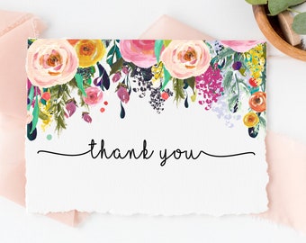 Floral Watercolor Thank You Card, Bridal Shower Thank You, Folded A2 Card, Instant Download,  Printable PDF File, LDC-SUB