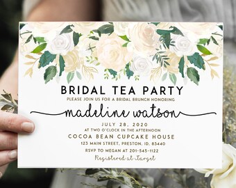 Bridal Tea Party Invite, Bridal Shower Invitation, White Floral Wedding, Editable Template Printable Card, Instant Download LDC-AUD