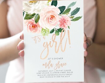 Baby-Mädchen-Dusche-Einladung, Blush Rose Gold Baby-Dusche einladen, Baby-Dusche, Blumen-Baby-Dusche-Einladung bearbeitbare Download LDC-BLU
