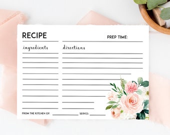 Pode incluir: Um cartão de receita imprimível com um design floral. O cartão tem seções para ingredientes, instruções, tempo de preparação, da cozinha de, e serve.