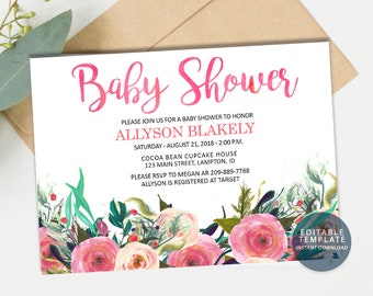 Watercolor Floral Baby Shower Invitation, Printable Editable Instant Download Invite DIY pdf, Baby Shower Invite, LDC-SUB
