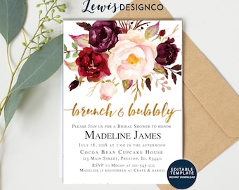 Autumn Brunch and Bubbly Invitation,  Fall Floral Bridal Shower Invitation, Bridal Brunch Invite, Flower Card Invite Instant Download Bride